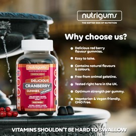 Cranberry & Vitamin C Gummy | Cherry Flavour | 60 Vegan Gummies | Cranberry Extract 9000mg (25% Proanthocyanidins) + Vitamin C 80mg | High Strength | UTI support for Women & Men by NUTRIGUMS®