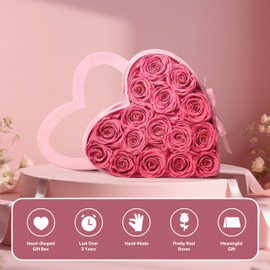 Cyrabota 16 Preserved Roses, Fresh Forever Flowers in Suede-Trimmed Heart Box, Eternal Flower, Luxury Gift for Women, Wife, Anniversary, Valentine's Day, Weddings, Pink