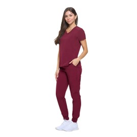 M&M SCRUBS Women's Essential Jogger Scrub Set Nursing Uniform Clearance Cool Stretch Scrub Top and Pant Workwear (Burgundy, Medium)