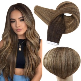 Full Shine Tape in Hair Extensions for Women 50 Grams Human Hair Balayage Hair Extensions PU Tape ins 2/3/27 Darkest Brown Fading to Honey Blonde Balayage Hair Extensions 14 Inch
