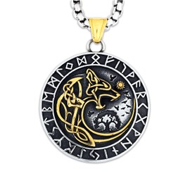 HAQUIL Viking Wolf Necklace, Stainless Steel Runes Fenrir Wolf Sun Tree Medallion Pendant, Box Chain, Viking Jewelry Wolf Gifts for Men and Women