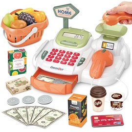 Caja registradora Juguetes para niñas Juegos de imaginación Supermercado Tienda Juguetes Caja Escáner Juguetes con Sonidos y Juegue Comida, Dinero, Ju