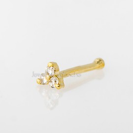 22G Solid 14K Gold 0.015ctw 3-Stone Diamond Nose Stud - Nose Bone/L-Shape/Nose Screw Stud Nose Ring - April Birthstone Nose Stud, metal, diamond