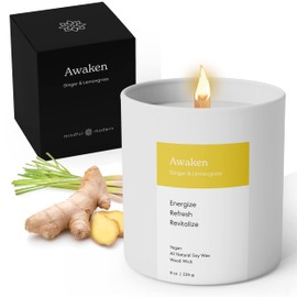 Mindful & Modern Natural Awaken Candle | Ginger & Lemongrass Scented | Aromatherapy for Stress Relief, Meditation, Yoga, Chakra Healing, & Prayer | Elegant Home Fragrance | Soy Wax | 8oz Glass Jar