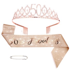 50th Birthday Sash and Tiara, 50th Birthday Decorations Gifts for Women Rhinestone Crown Kit (Rose Gold)