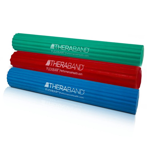 THERABAND FlexBar, Tennis Elbow Therapy Bar, Relieve Tendonitis Pain & Improve Grip Strength, Resistance Bar for Golfers Elbow & Tendinitis, 3 pack, Light-Medium-Heavy, RED/GREEN/BLUE