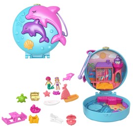 -​Polly Pocket Dolphin Beach Compact, Beach Adventure Theme with Micro Polly & Mermaid Doll, 5 Reveals & 13 Accessories