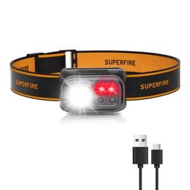 SuperFire Rechargeable Headlamp with Motion Sensor & Red Light, 350 Lumens, USB-C, IP44 Waterproof, 7H Runtime for Camping Hiking Hunting Running Fishing