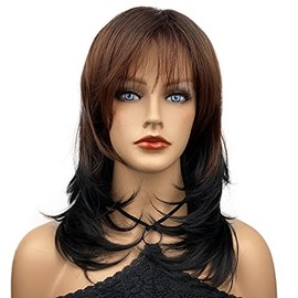 Wiginway Peluca de mujer con capas de longitud media marrón rojizo yaki recta peluca con flequillo ajustable casquillo peluca sintética pelo