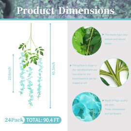 ZEBMOON 24 Pack Teal Wisteria Hanging Flowers, 3.77 Ft Fake Hanging Flowers, Artificial Wisteria Garland Vines for Wedding Room Backdrop Outdoor Patio Garden Decoration