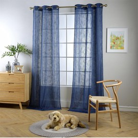 MIUCO Semi Sheer Curtains Poly Linen Textured Solid Grommet Curtains 84 Inches Long for French Doors 2 Panels (2 x 37 Wide x 84" Long) Navy Blue