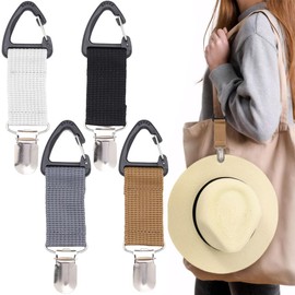 Aieino 4PCS Hat Clips for Travel on Bag, Hands Free Metal Hat Clip with Carabiner Elastic Portable for Outdoor Traveling Bags Handbags Backpacks (Solid Colours)