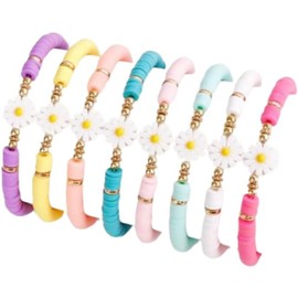 SCRDPRAD Minimalist Daisy Flower Heishi Surfer Colorful Soft Clay Beaded Adjustable Strech Stackable Bohemian Bracelets Set Summer Beach Boho Sweet Y2K Jewelry for Women Teens-set 1