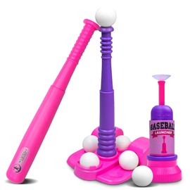 T Ball Stand for Kids and Toddlers 3-5, 5-8. Baseball Set Includes 6 Large Balls, an Adjustable Tball Batting Tee, and a Pitching Machine. Kids Bat and Ball, T-Ball Sets for Kids (Pink T Ball)