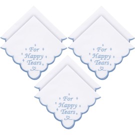 Tioncy 6 Pcs Happy Tears Wedding Handkerchiefs Bulk 12 Inch Wedding Bride Embroidered Handkerchiefs with Scallop Edges White Happy Tears Cotton Hankies Something Blue Hankie Gifts for Wedding Day