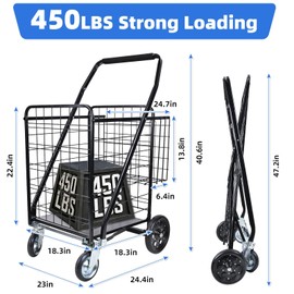 Folding Shopping Cart with Removable Waterproof Liner, 450LBS Capacity Grocery Cart with Dual Basket & 360° Swivel Wheels, 39.5 Gal Jumbo Heavy-Duty Cart Wagon for Grocery Shopping Laundry Transport