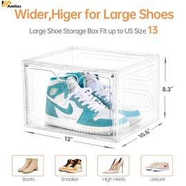 Amllas 8 Pack Shoe Boxes Clear Plastic Stackable, Large Shoe Storage Organizer with Lids,Drop Side Shoe Containers for Entryway,Sneaker Storage Fit up to US Size 13 (13’’x 10.6”x 8.3”)