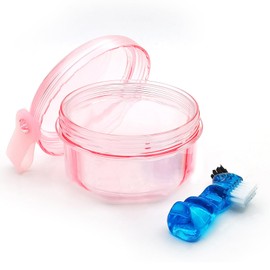 Denture Bath Case Denture Cleaning Cup with Lid Leak Proof, False Teeth Holder Mouthguard Storage Box Retainer Soaking Case for TravelHousehold|Office - Transparent Pink