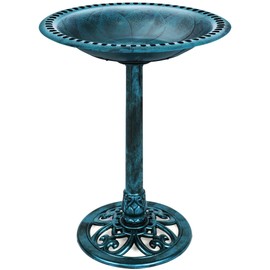 Best Choice Products 28in Pedestal Bird Bath, Vintage Outdoor Resin Accent Decoration w/Fleur-de-Lis Accents - Peacock Blue