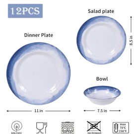 Melamine Dinnerware Sets- 12pcs Melamine Plates and Bowls Set for 4, Suitable for Indoor and Outdoor Use, Blue