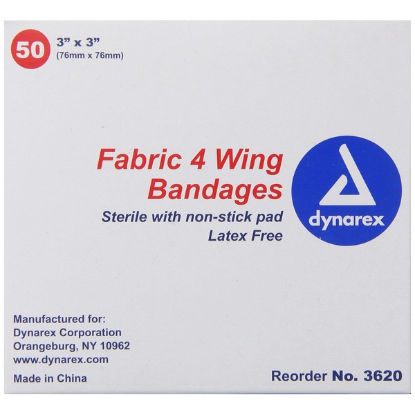 Dynarex Adhesive Fabric Bandage, 3 Inches X 3 Inches Sterile, 4 Wing, 50 Count