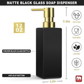 GMISUN Gold Hand Soap Dispenser, Black Glass Soap Dispenser with Gold Pump for Bathroom, 12 fl oz/350ml Refillable Dish Dispensers for Kitchen, Modern Liquid Lotion Bottles for Countertop