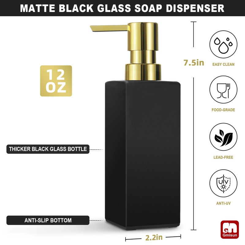 GMISUN Gold Hand Soap Dispenser, Black Glass Soap Dispenser with