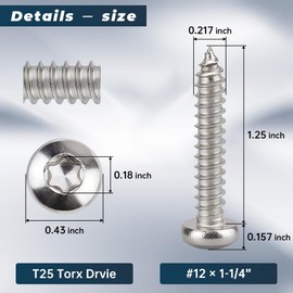 #12 x 1-1/4" Pan Torx Head Self Tapping Screws for Wood, 304 Stainless Steel 18-8, Full Thread, Torx Drive Head Sheet Metal Tek Screws, 50 pcs