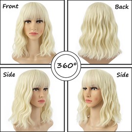 Leeven 12" Blonde Wavy Synthetic Wigs with Bangs Short Bob Style Wigs for Women Daily Heat Resistant Shoulder Length Hair Wig Blonde Cosplay Wig (613#)