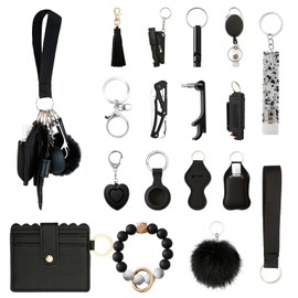 Araafur Leather Wristlet Keychain Set with Personal Alarm and Bottle Opener, Car Keychain Accessories for Women (Black color)