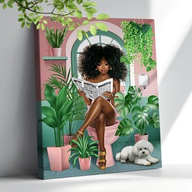 African American Bathroom Wall Art Green Botanical Black Girl Canvas Pictures Wall Decor Painting Prints Fashion Modern Black Woman Framed Artwork For Bathroom Living Room 12"X16"
