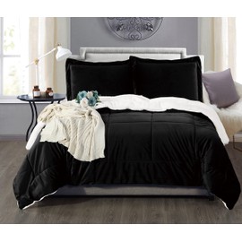 Elegant Comfort Super Soft Sherpa Comforter 3-Piece Set Premium Quality, Heavy Weight Reversible Down Alternative Micro-Suede, Sherpa Comforter, Cal King, Black Satin