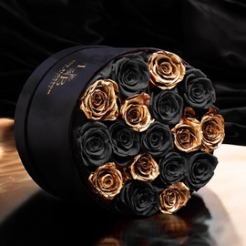 17 Gold & Black Forever Roses, Velvet Box - Luxury Preserved Flowers, Black Roses, Sparkling Roses Bouquet, Black and Gold Flowers Centerpieces, Black Glitter Roses (Black and Gold | Velvet Box)