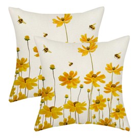 AGAYNA Spring Flower Pillow Covers 20x20 Yellow Daisy Bee Farmhouse Decor Throw Pillows Case for Couch Floral Seasonal Pillowcase Outdoor Decorative Cushion Case for Sofa Bed Decorations Set of 2