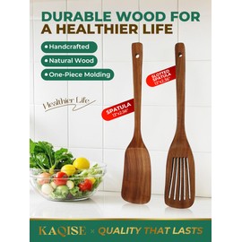 Nonstick Wooden Spatula for Cooking, Finely Polished Teak Wooden Utensils, Kitchen Essential Spatula Set Contains Flat Turner and Slotted Spatula (2Pcs)