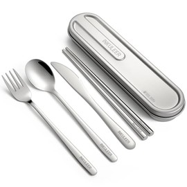 Juego de cubiertos de viaje, cubiertos de acero inoxidable 18/8, juego de utensilios reutilizables con estuche, lonchera portátil para camping y ofici