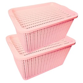 Set De 2 Canastas Organizadoras Tipo Rattan Con Tapa, Cestas De Almacenamiento Plásticas Multiusos Para Baño, Cocina Y Recámara, Cajas Organizadoras Apilables Con Asas, 23x15.5x14cm Rosa