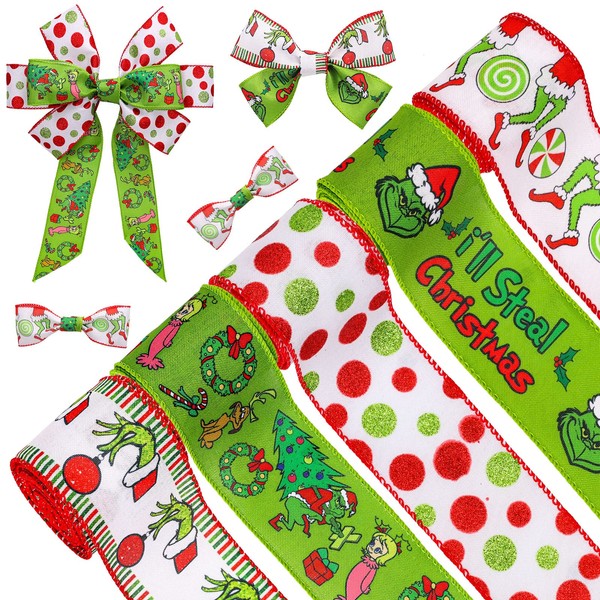 Whaline 30 Yard Christmas Wired Edge Ribbon Xmas Funny Cartoon Character Craft Ribbon Red Green Glitter Dot Decorative Ribbon for Gift Wrapping DIY Floral Arrangement Bow, 2.5 Inch, 5 Roll