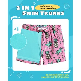 maamgic Boys Swim Trunks with Compression Liner Toddler Stretch Swim Shorts Quick Dry Swimming Trunks Boxer Brief 2 in 1 Beach Shorts Rose Coconut 8