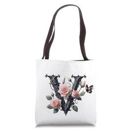 Letter V Initial Floral Monogram Rose Pink Flower Butterfly Tote Bag