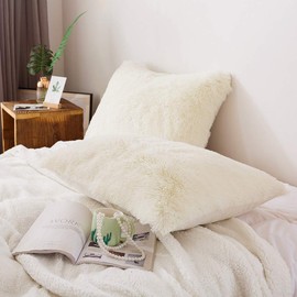 LIFEREVO 2 Pack Shaggy Plush Faux Fur Pillow Shams Fluffy Decorative Pillowcases Zipper Closure (Light Beige, King)