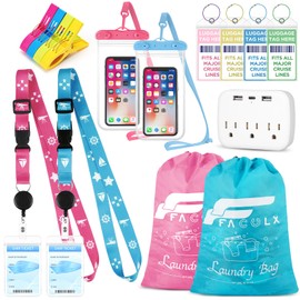 Cruise Accessories Kit for Two People, Cruise Essentials Include Luggage Tags, Lanyards for Cards, Laundry Bags, Phone Bags, Power Strip for Carnival Cruise Must Haves Kit (Pink Blue)