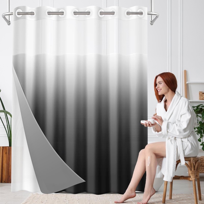 Nesphy No Hook Ombre Black and Grey Shower Curtain with