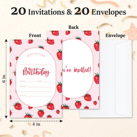 ZARYFANCHY Berry Birthday Invitation Cards, Strawberry Birthday Party Invites for Women Girls, 20 Set of Double-Sided Fill-in Invitation with Envelopes, Birthday Party Celebration Supplies -005