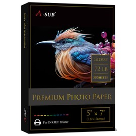 A-SUB Premium Photo Paper High Glossy 5x7 Inch 72lb for Inkjet Printers 50 Sheets, Single Sided