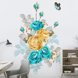 Yeysynana Flowers Wall Decals Blue Rose Butterfly Floral Wall Art Peel and Stick DIY Vinyl Blossom Roes Flower Wall Stickers for Bedroom Living Room Sofa Backdrop TV Home Wall Decor