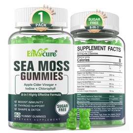 1Pack Sea Moss Gummies Sugar-Free, Extra Strength Irish Moss Gel Supplement with Iodine, Chlorophyll, Unfiltered ACV, D3, Burdock Root, Bladderwrack for Immune, Digestive, Skin, Hair, Det❤️x, Vegan