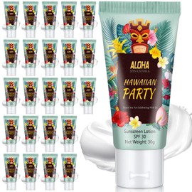 Dansib 24 Pcs Mini Sunscreen Bulk for Summer Wedding Party Spf 30 Water Resistant Sunscreen Lotion Bulk 1oz Travel Size for Thank You Gifts Summer Wedding Party Supplies (White Cream,Hawaiian Party)