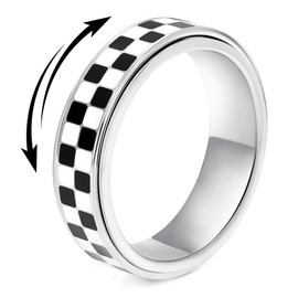 Fidget Ring for Anxiety Men Women: Black and White Checkered Pattern Stainless Steel Spinner Jewelry Anxiety Relief Items for Adults Gold Plated/Silver Size 5-11 (Silver Checkered, 10)