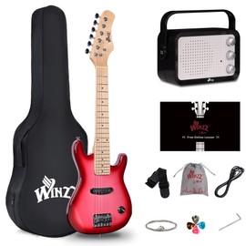 WINZZ 30 Inch Kids Electric Guitar Kit, Beginner Mini Electric Guitar with Amp, Case, Extra Strings, Picks, Strap, Cable and Wrench, Gradient Pink